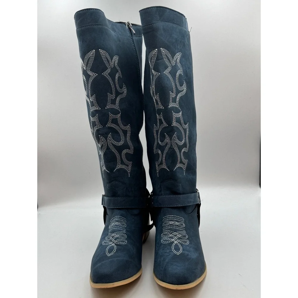 Blue Denim Embroidered Western Knee High Boots Harness Detail Tall Zip Up